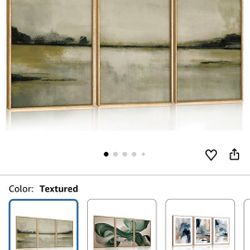 KAIRNE Abstract Mountain Lake Wall Art Set, 3 piece Textured Canvas Wall Decor, Framed Nordic Neutral Tan Painting, Nature Landscape Art Print for Bed