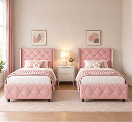 2 PCs Twin Upholstered Bed, Modern Silverside Wingback, Pink
Twin size upholstered bed frame features a diamond tufted wingback headboard for an elega