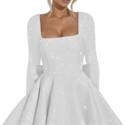 *NEW/NEVER WORN* Sequin Long Sleeve Mini Skater Dress with Detachable Bow