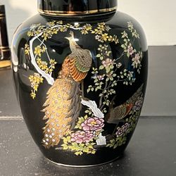 Heisei Japan 1990s Satsuma Ware Black Gold Peacocks Cherry Blossoms Ginger Jar