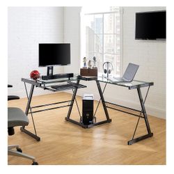 Walker Edison - L-Shaped Modern Glass Corner Computer Desk - Black Clear