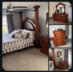 Luxury 5-Pc Wood King Canopy Bedroom Set + Sleep Number Adjustable Split Frame & 
Mattresses