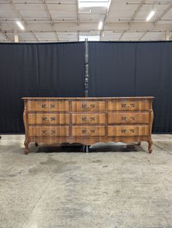 Vintage French Provincial Bombe Wood Dresser with Ornate Brass Hardware