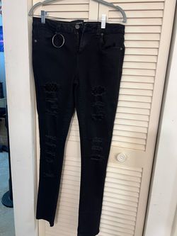 KILLSTAR Black Denim Distressed Skinny Jeans with Fishnet Details: Medium