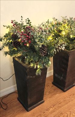 Pair Of 2 36" 3 ft. Potted Meadow Basin Artificial Christmas Tree with LED Lights Pine Cones Red Berries