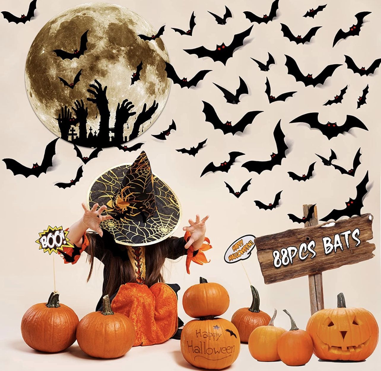 Halloween Decorations 88 PCS 3D Bats Sticker (Ghost Hand)