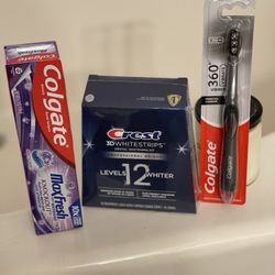 crest whitening strips level 12 (new sealed box) colgate bundle & toothbrush 