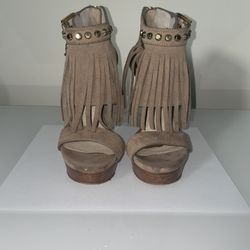 Tan Suede Platform Fringe Heels