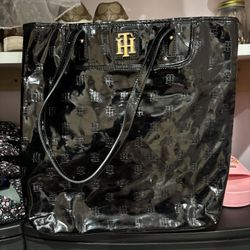 Tommy Hilfiger Large Glossy Black TH Logo Tote