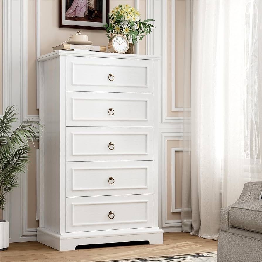5 Drawers Dresser for Bedroom, 44" Tall White Dresser with 5 Drawers, White Chest of Drawers with Storage, Modern Farmhouse Wood Dressers 