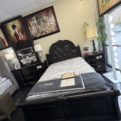 Queen Bedroom Set Includes Dresser,mirror,bed Frame & Nightstand 