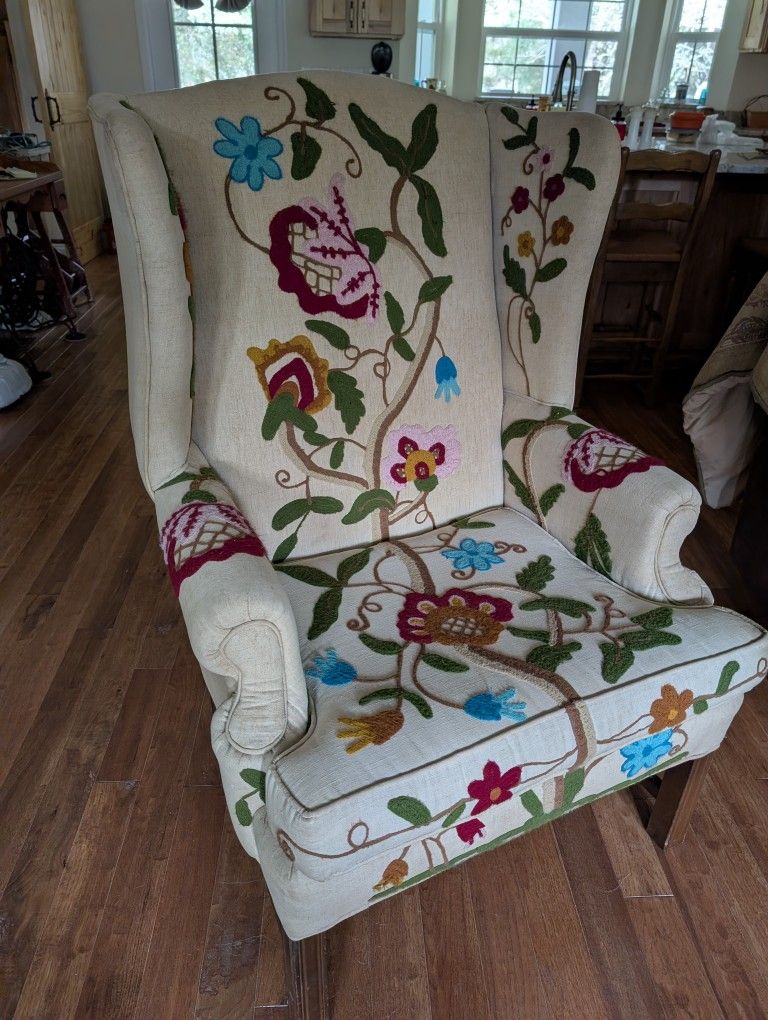 Vintage Crewel Wing Back Chair (Tree of life)