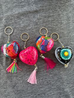 Mexican Hand-Painted Heart Keychains with Tassels – Set of 4