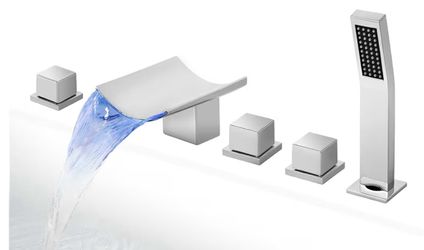 (7777-45) Waterfall Roman Tub Faucet with Hand Shower Bathtub Faucet Widespread Deck Mount Tub Faucet with Sprayer 5 Hole LED Waterfall Tub Spout with