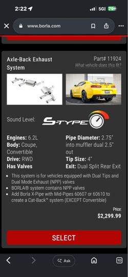 Borla S-Type Axle-Back Exhaust System for Chevrolet Camaro SS & LT1 2016-2024