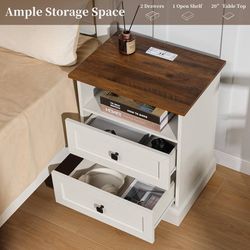 Night Stand with Charging Station, Bedside Table with 2 Drawers Storage and Open Shelf, White Nightstand with Outlets, Wood Modern End Table for Bedro