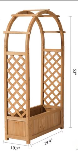 Wood garden planter with an arched trellis & hanger ( basket & flowers not included)