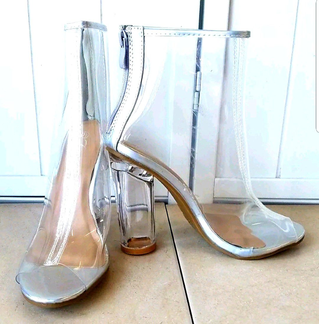 Size 7 US transparent clear high heeled boots shoes in box