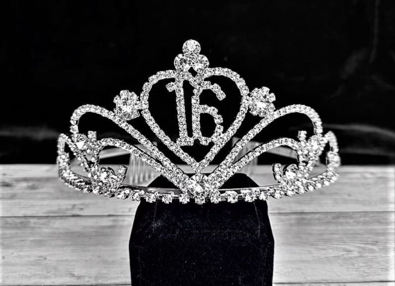 Silver Rhinestone Sweet 16 Crown Tiara Gift Keepsake