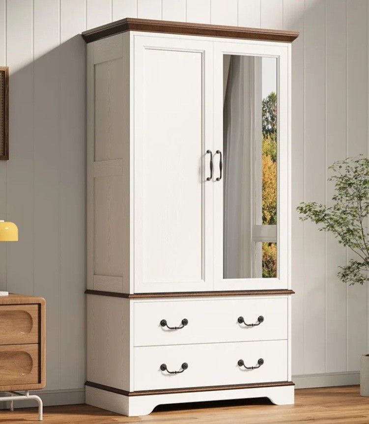 LIKIMIO Armoire Wardrobe Closet with Mirror, 70.1" Wooden Clothing Storage Cabinet with 2 Doors & 2 Drawers, Modern Bedroom Freestanding Wardrobe Comb
