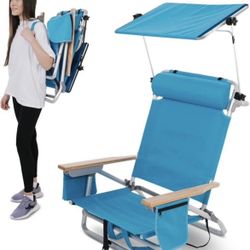 Adjustable Aluminum Folding Backpack Beach Chair with Headrest and Collapsible Sun Shade-Blue