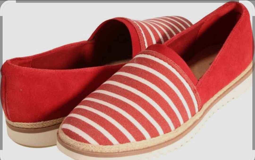 Clarks Serena Paige women's loafer in red textile and suede with white stripes.