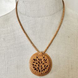 Carved Rosewood Tree  Pendant Necklace  