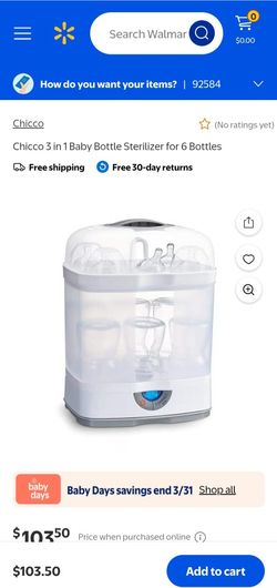 Chicco 3 in 1 Baby Bottle Sterilizer for 6 Bottles