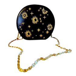 CLISHOUCD Black & Gold Embroidered Celestial Round Vegan Leather Bag w/Chain NEW