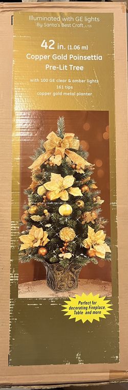 Decorated Pre Lit Potted Christmas Tree 42” Copper Gold Poinsettia