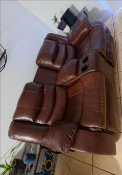Brown Leather Reclining Sofa with Cup Holders