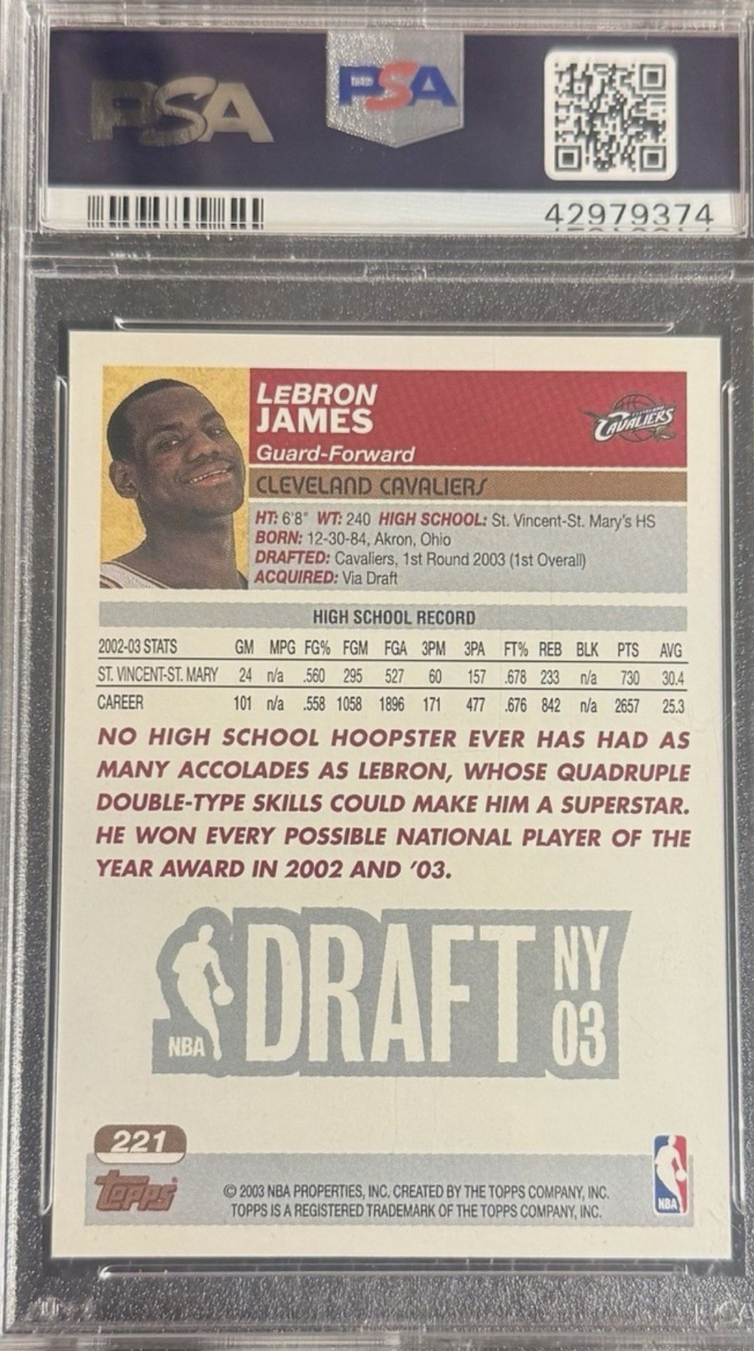 2003 Topps 1st Edition #221 LeBron James Rookie RC — PSA 10