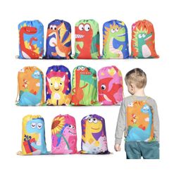 12 Pieces Dinosaur Themed Drawstring Bags for Kids,Party Favor Goodie Bags for Birthday Decoration,Cartoon Drawstring Backpack,Beach Bags for Swimming