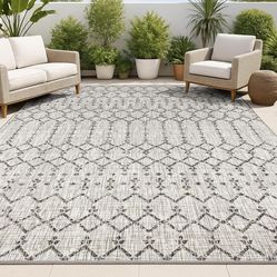 New 9x12 JONATHAN Moroccan Geometric Indoor Outdoor Area Rug Light Gray/Black, Ourika Textured Weave