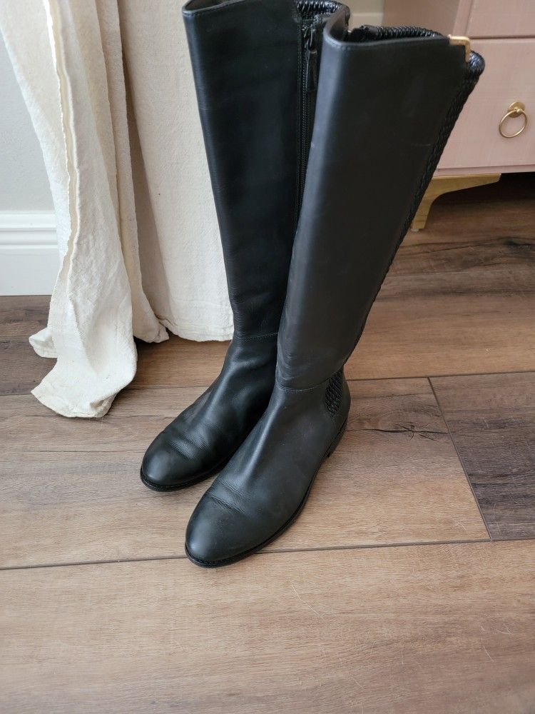 Women's Black Leather Calf Riding Boots 7.5 Stretch Elastic