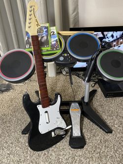 Xbox 360 Rock Band 1& 2 Wireless band Kit Guitar Drums Mic Game Bundle