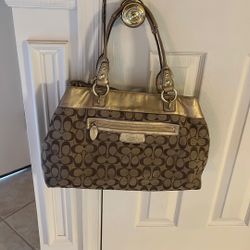 Coach Brown and Tan/gold Signature Shoulder Bag F15534 with gold hardware