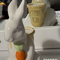 RAE DUNN Easter "HIPPITY HOP" Bunny Rabbit Carrot Basket Planter 