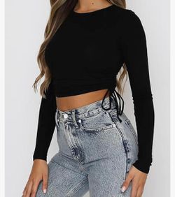 Black Crop Top with Gathered Sides, Long Sleeve Ribbed Fitted, Medium, NWOT