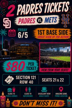 Padres vs NY Mets Friday 6/5 STH -2tix left