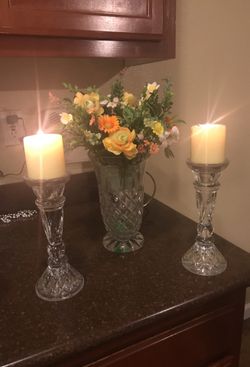 Set of candle holder and vase with flower