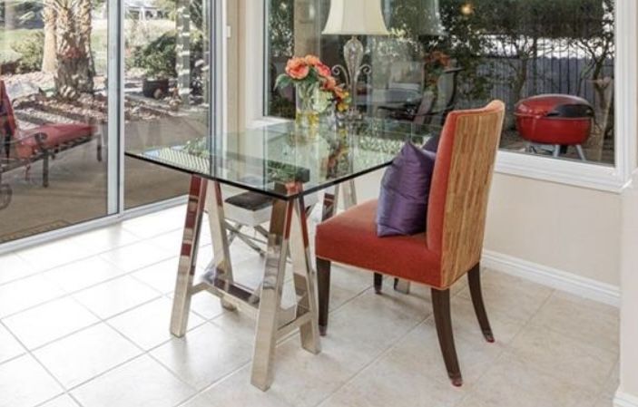 Glass Desk Table with Silver Sawhorse Stand