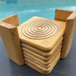 Vintage Wooden Coasters w/Caddy, Set of 6