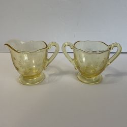 1930’s Yellow Lancaster Depression Glass Jubilee Etched Floral Sugar & Creamer Set
