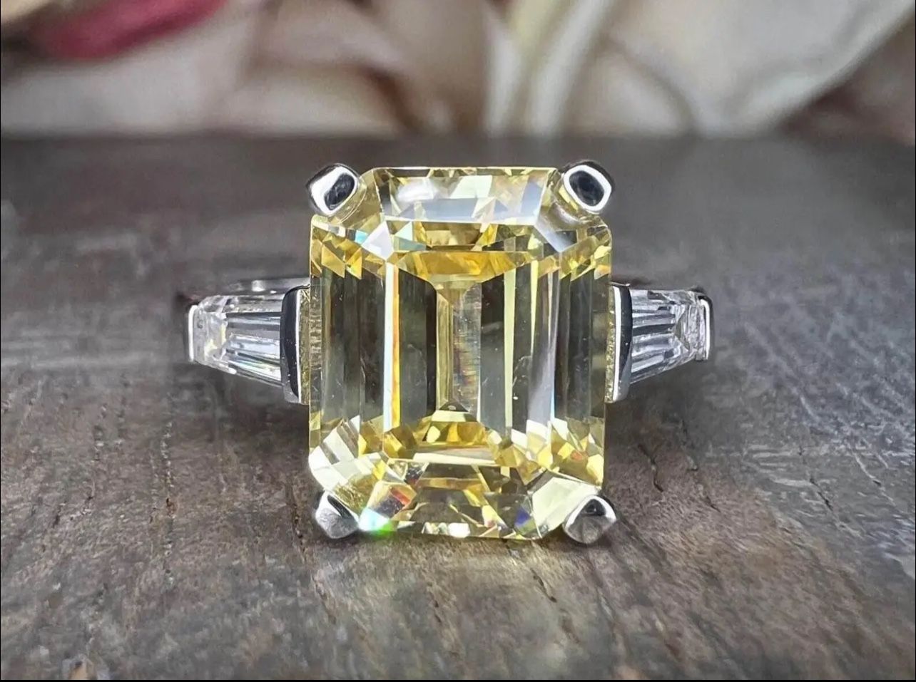 ✅Yellow Emerald Cut Baguettes Engagement Ring 925 Sterling silver Unique Three Stone Emerald Cut Wedding Promise Anniversary Ring For Women Size 6,7,8