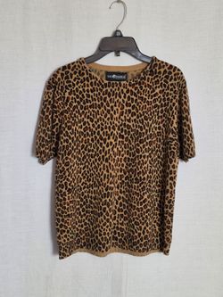 Vintage Sag Harbor Leopard Print Short Sleeve Sweater Knit Top Womens Petite Large