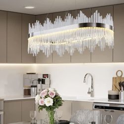 New 31" Modern LED Chandelier Crystal K9 Oval Sand Nickel LED Lighting Hanging Ceiling Light 3 Color Temperatures