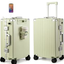 MYER Hard Case 24 Inch Checked Luggage with Spinner Wheels, Aluminum Luggage with 100% 3-Layer PC,Hard Shell Suitcases with Wheels, Cup Holder and USB