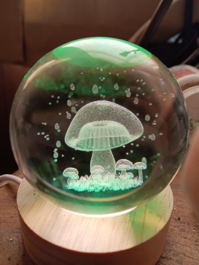 50mm Etched Crystal Ball with LED Base - MUSHROOMS