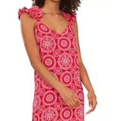 NWT Vince Camuto Red Sleeveless Dress with Pattern size XS  Stylish red sleeveless dress with intricate pattern. Features ruffled shoulder details. Ta